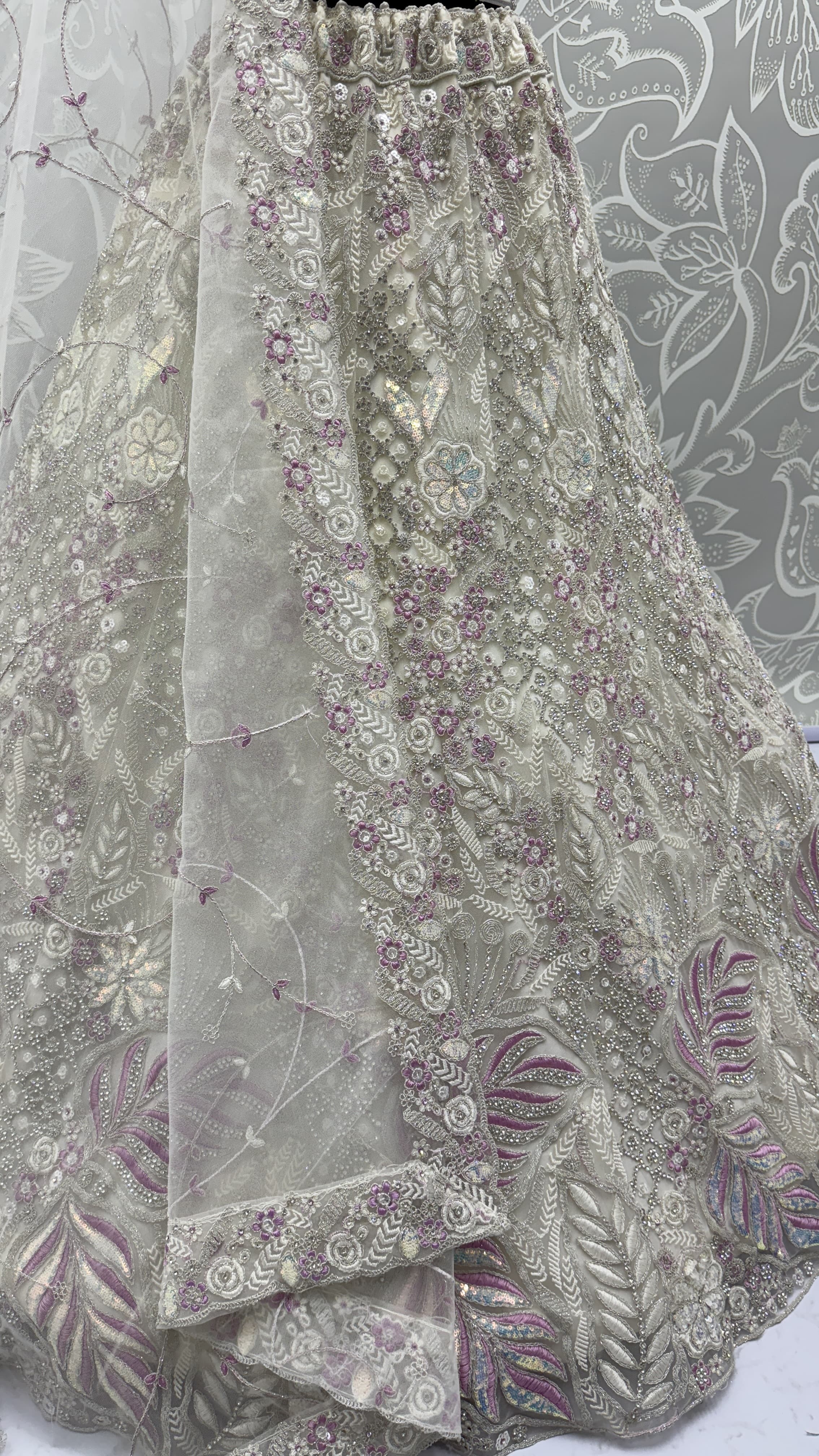 White Net Diamond, Dori, Embroidered, Fancy, Multi, Sequins, Thread and Zircon Work A - Line Lehenga Choli for Ceremonial